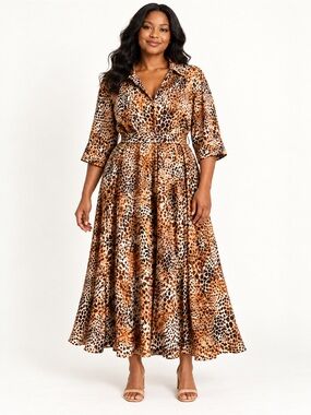 Mariage Brown Animal Print Belted Shirt Dress Size 14